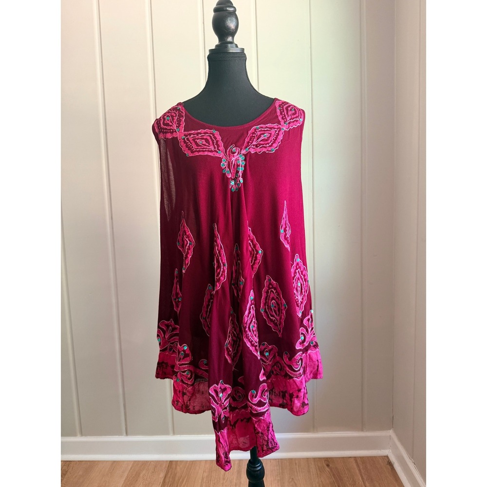 Y2k California Woman Magenta Pink Embroidered Sequin Handkerchief Hem Tunic Top